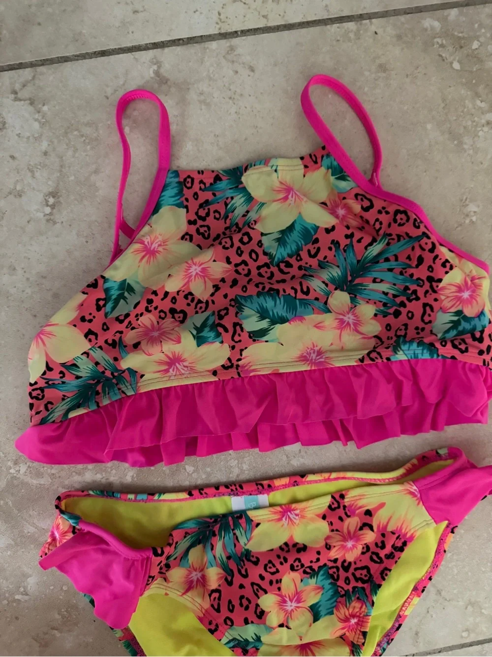 Girls' Neon Pink Tropical Ruffle Bikini Set